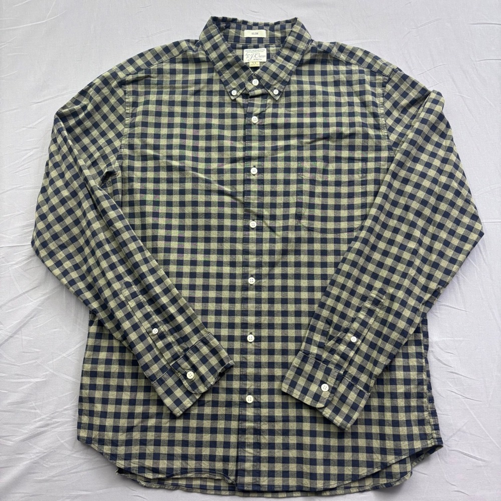 J.Crew Slim Secret Wash‎ Shirt XL Mens Olive Navy Gingham Organic Cotton Stretch